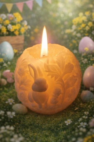 Bougie oeuf de Pâques et lapins allumée